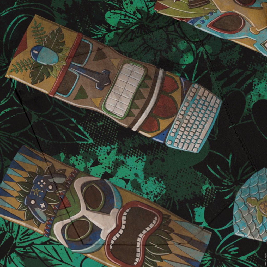 Geek Tiki Masks Dark Green Long Sleeve Button Up Shirt Geek Nerd adult sizing board game print computer print