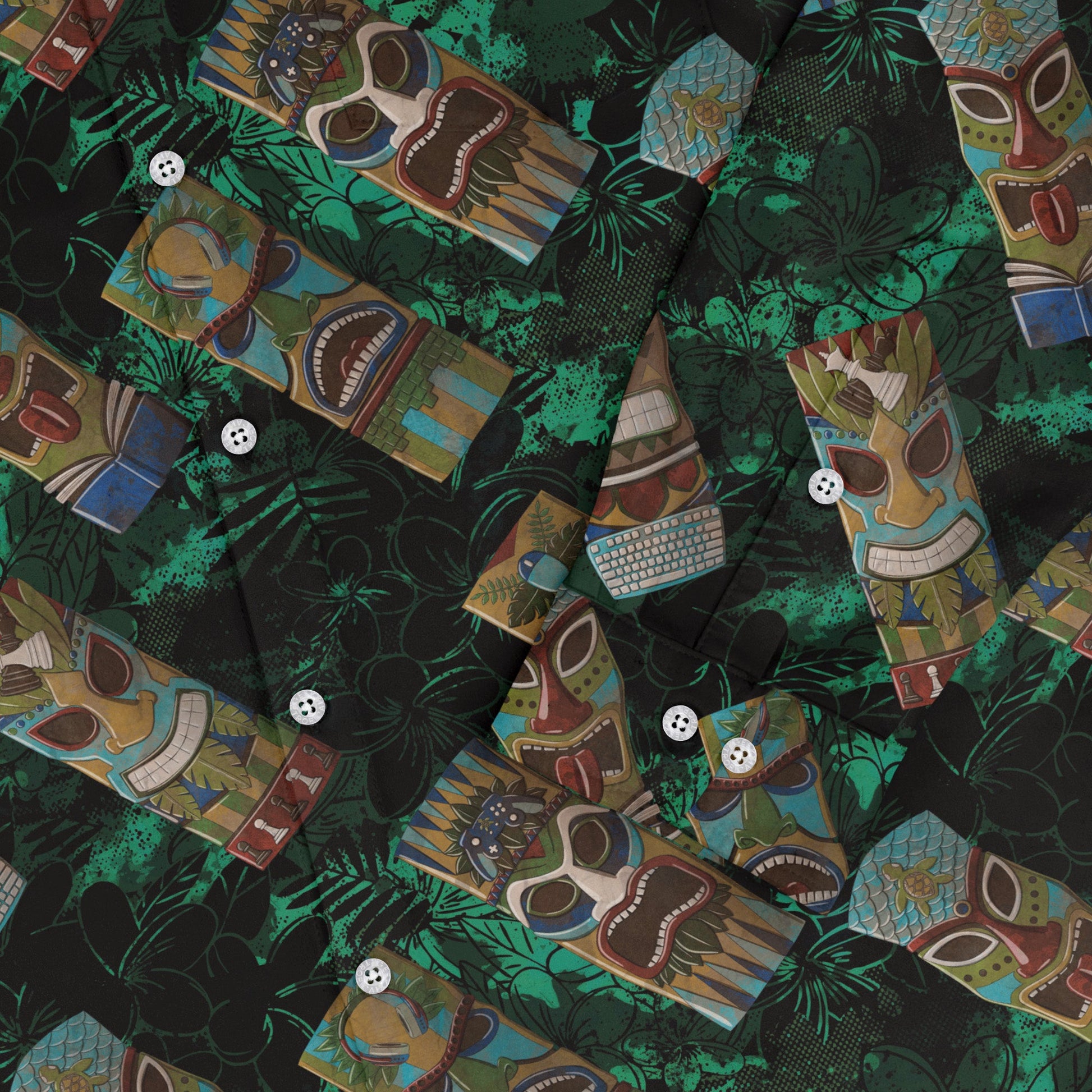 Geek Tiki Masks Dark Green Long Sleeve Button Up Shirt Geek Nerd adult sizing board game print computer print