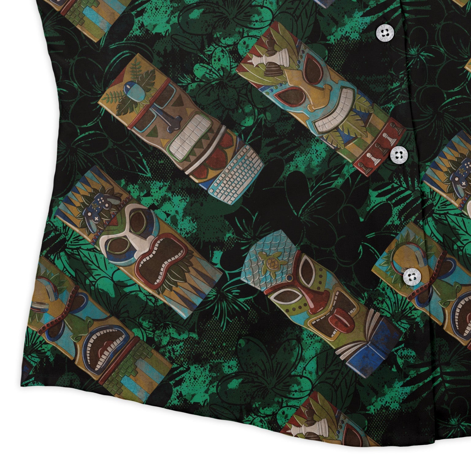 Geek Tiki Masks Dark Green Curvy Button Up Shirt Geek Nerd board game print computer print Designs by Nathan