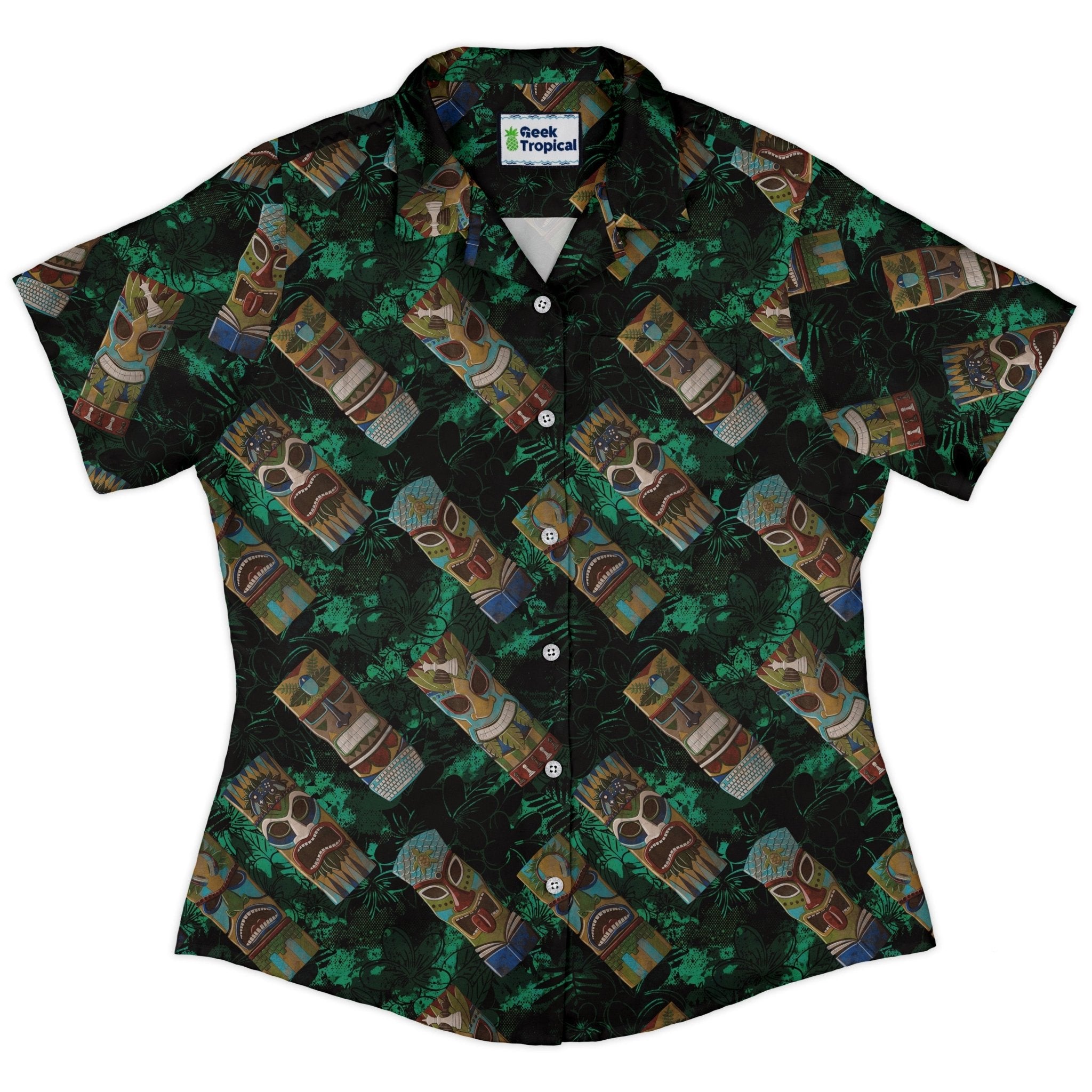 Geek Tiki Masks Dark Green Curvy Button Up Shirt Geek Nerd board game print computer print Designs by Nathan