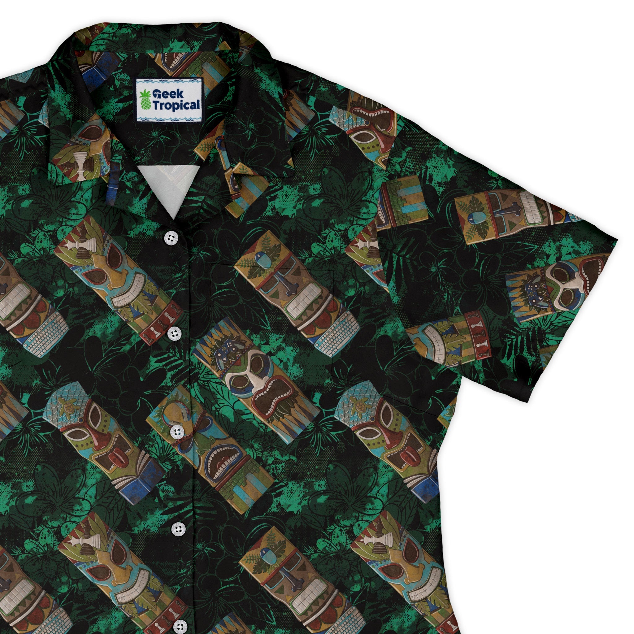 Geek Tiki Masks Dark Green Curvy Button Up Shirt Geek Nerd board game print computer print Designs by Nathan