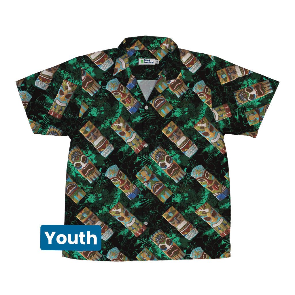 Geek Tiki Masks Dark Green Youth Hawaiian Shirt - board game print - computer print - Designs by Nathan