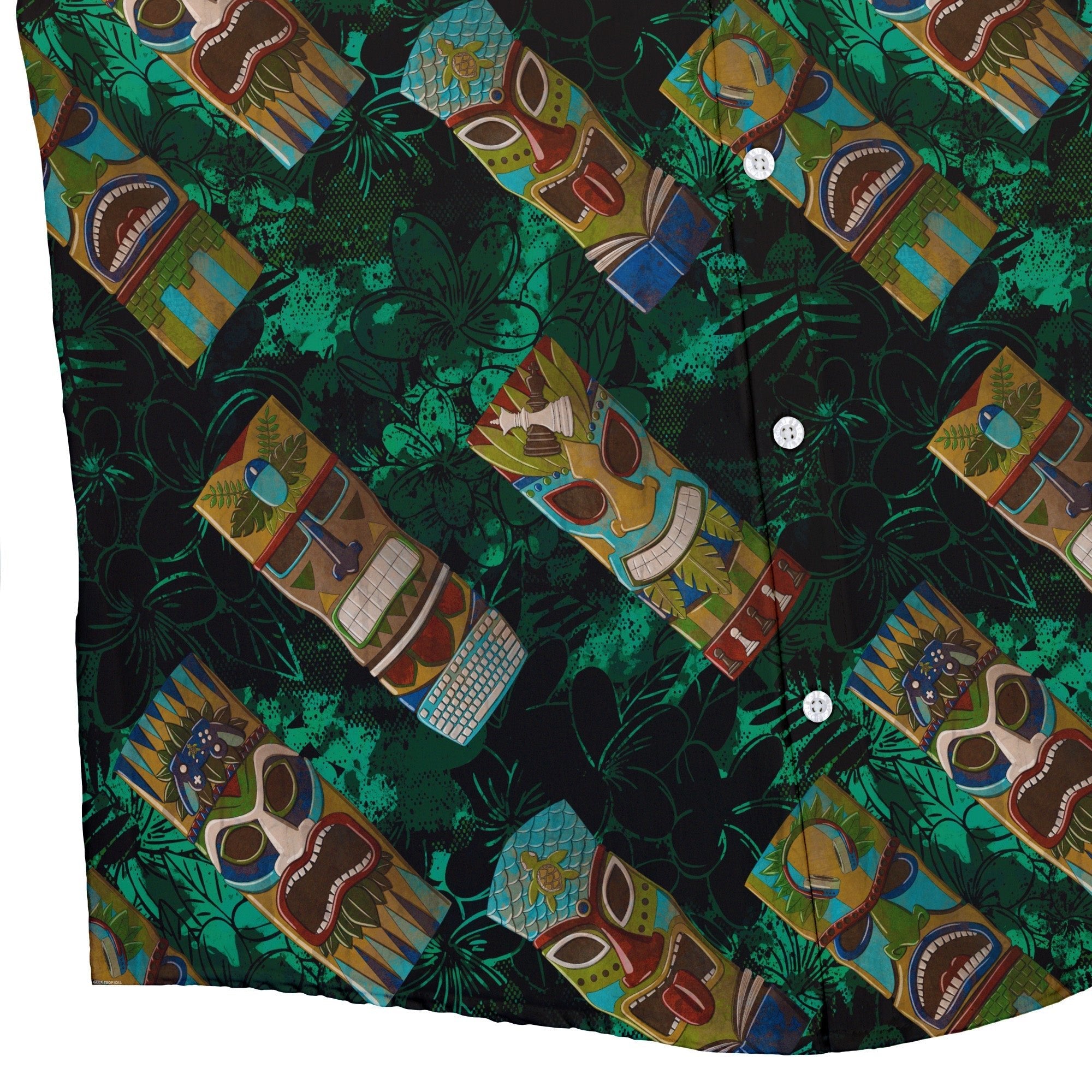 Geek Tiki Masks Dark Green Button Up Shirt - adult sizing - board game print - computer print