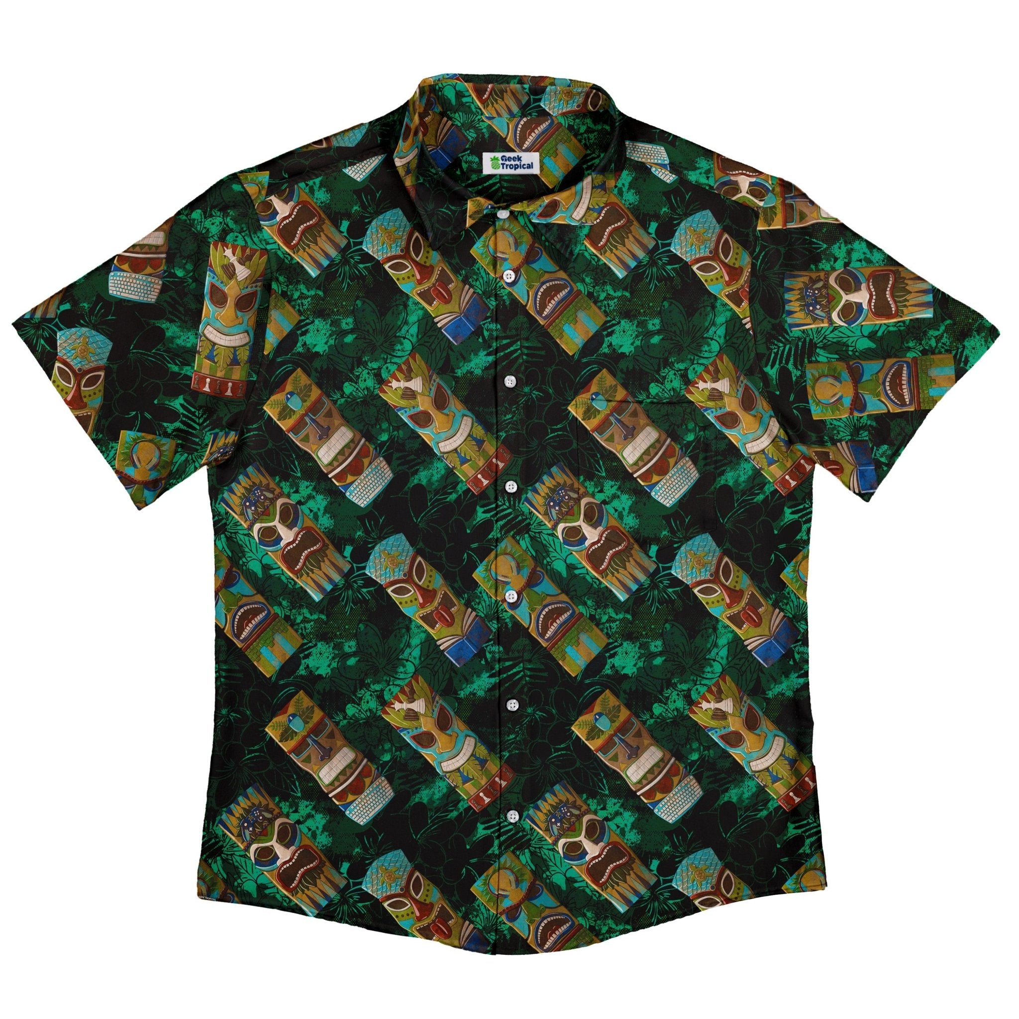 Geek Tiki Masks Dark Green Button Up Shirt - adult sizing - board game print - computer print