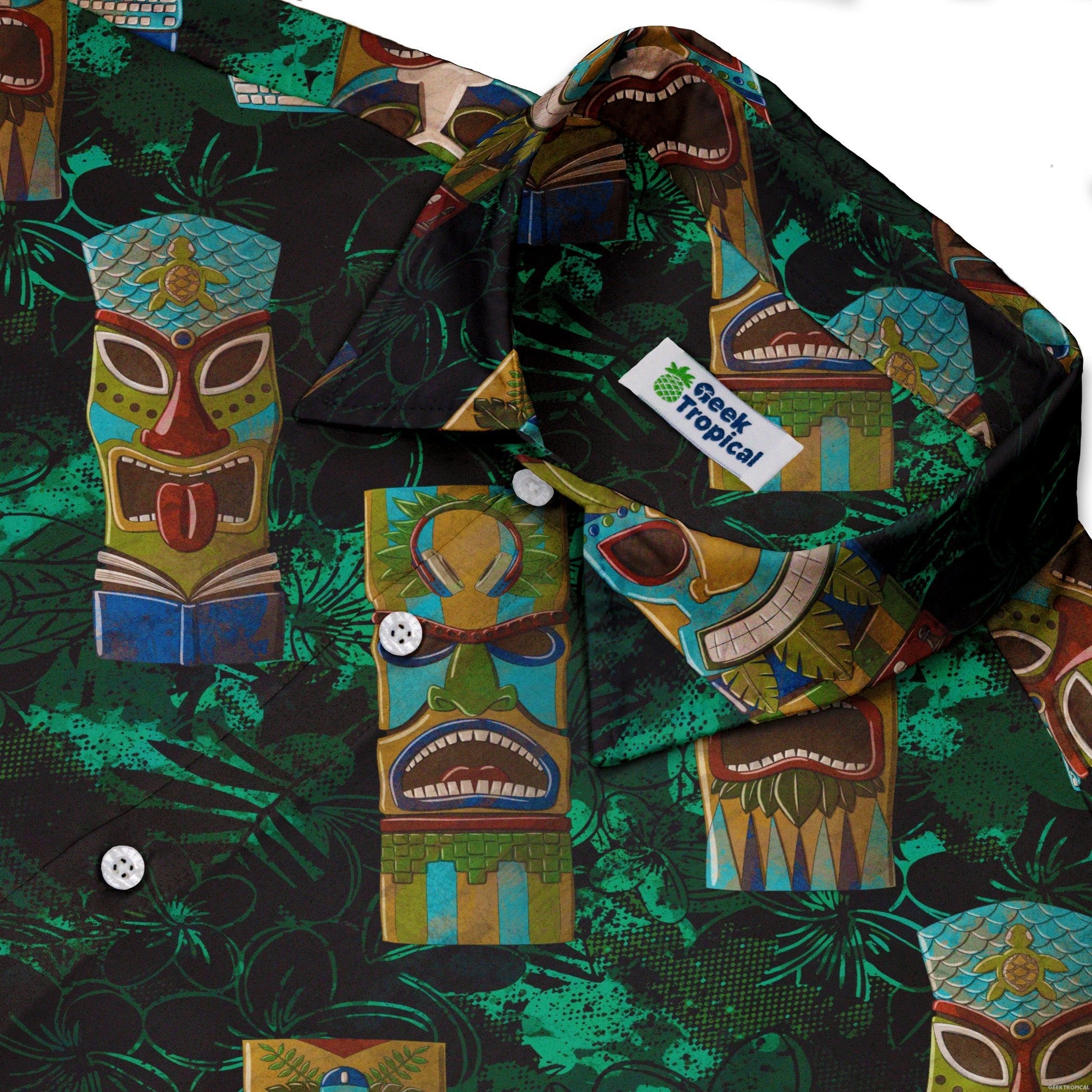 Geek Tiki Masks Dark Green Button Up Shirt - adult sizing - board game print - computer print