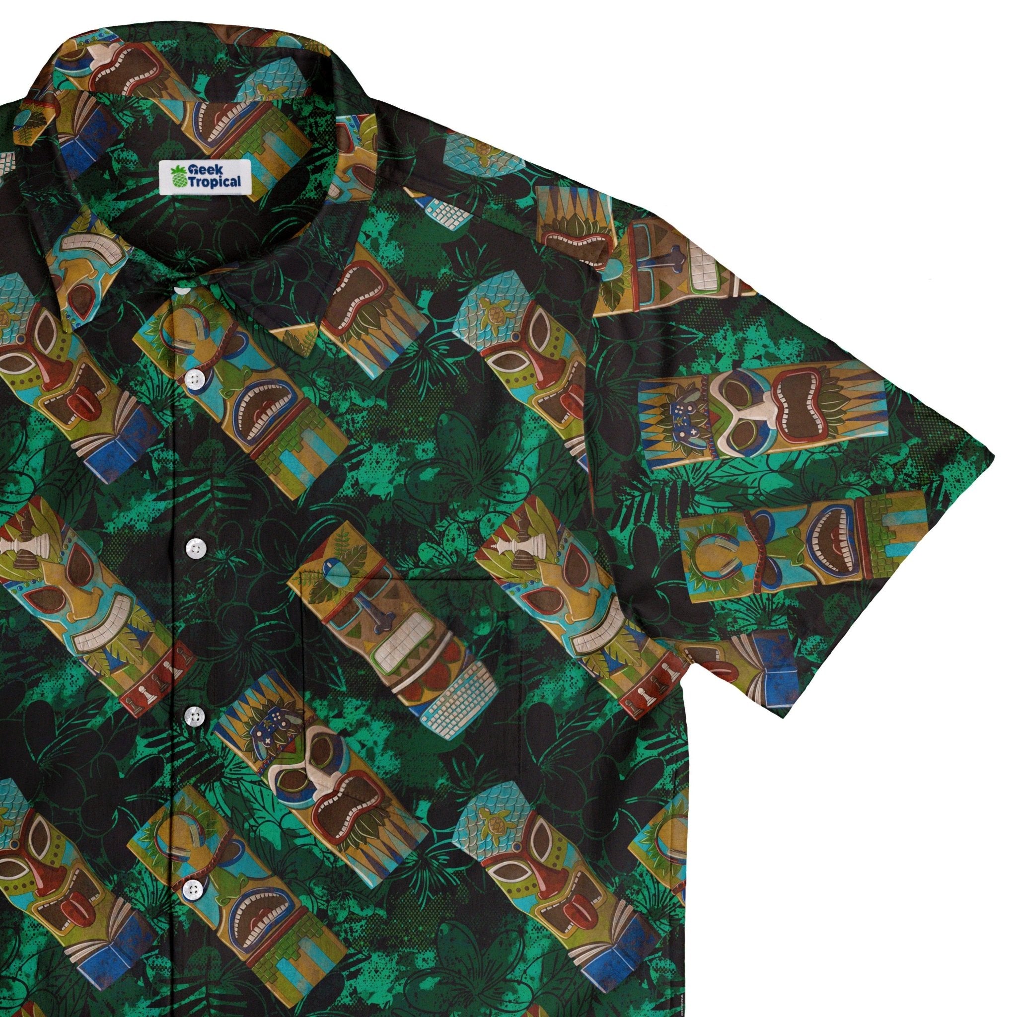 Geek Tiki Masks Dark Green Button Up Shirt - adult sizing - board game print - computer print