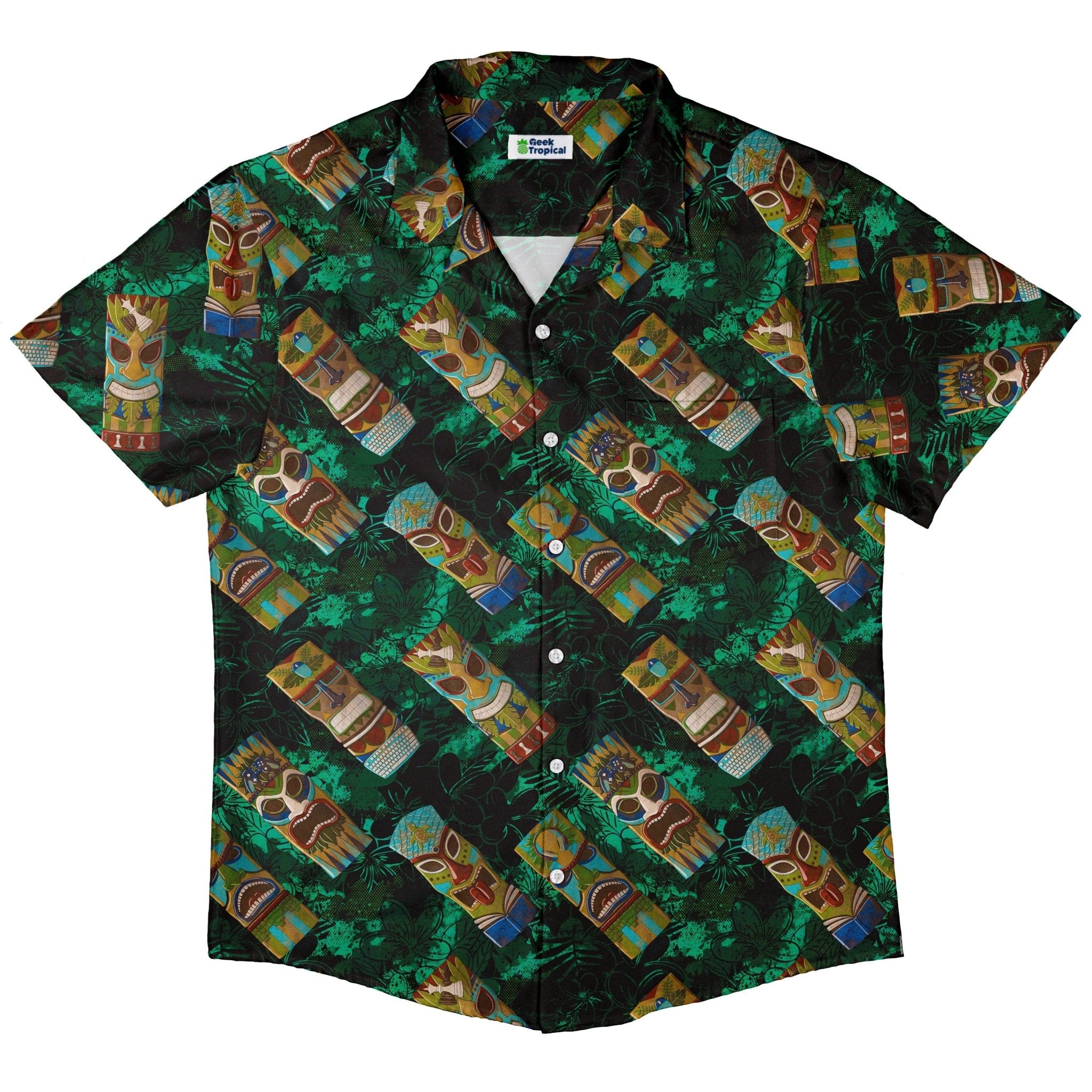 Geek Tiki Masks Dark Green Button Up Shirt - adult sizing - board game print - computer print