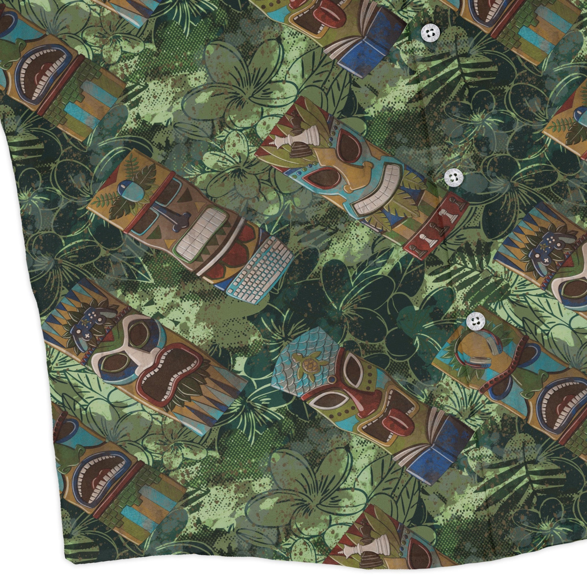 Geek Tiki Masks Light Green Long Sleeve Button Up Shirt Geek Nerd adult sizing board game print computer print