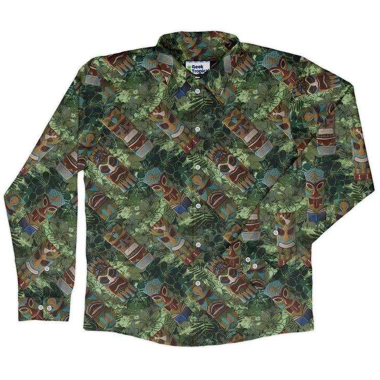 Geek Tiki Masks Light Green Long Sleeve Button Up Shirt Geek Nerd adult sizing board game print computer print