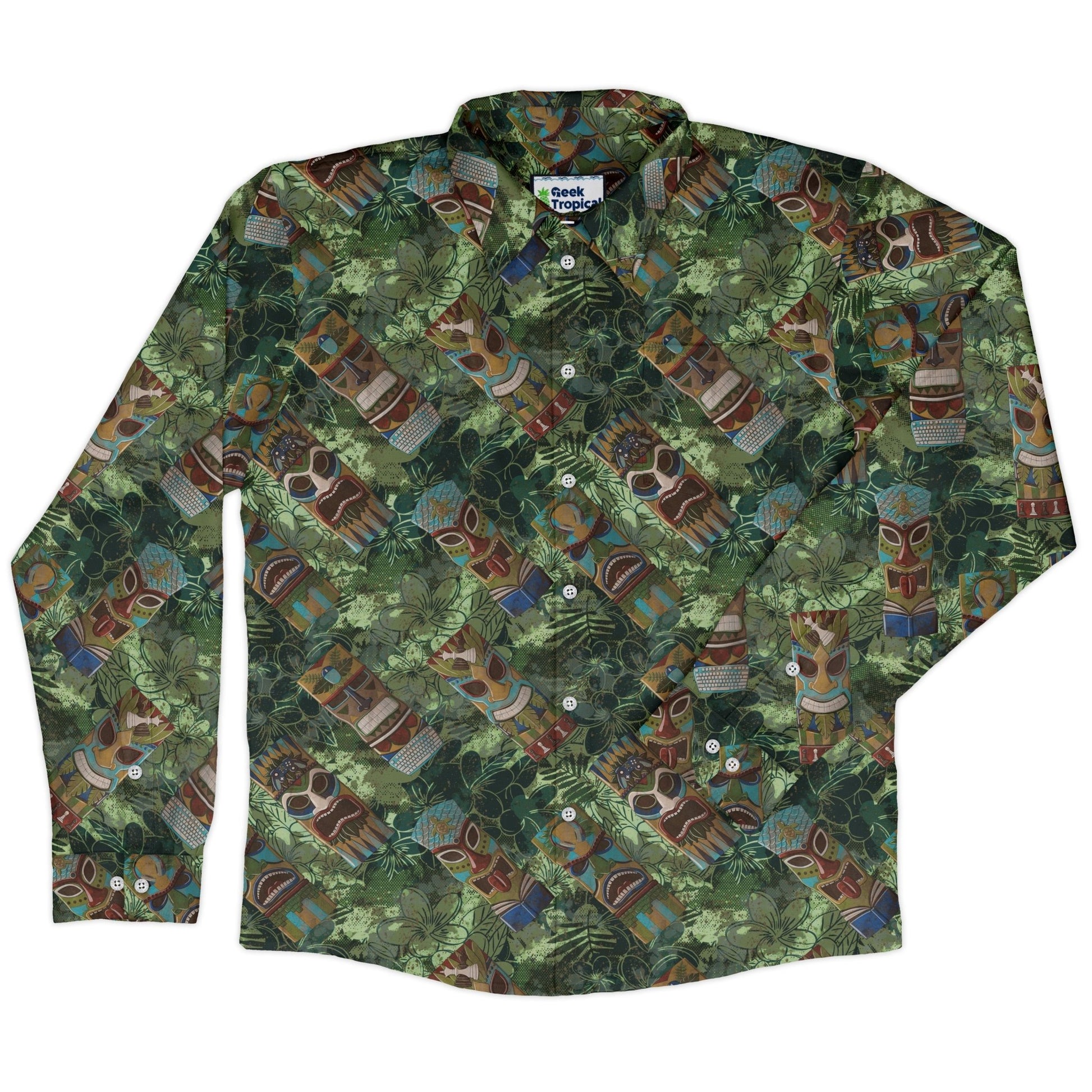 Geek Tiki Masks Light Green Long Sleeve Button Up Shirt Geek Nerd adult sizing board game print computer print