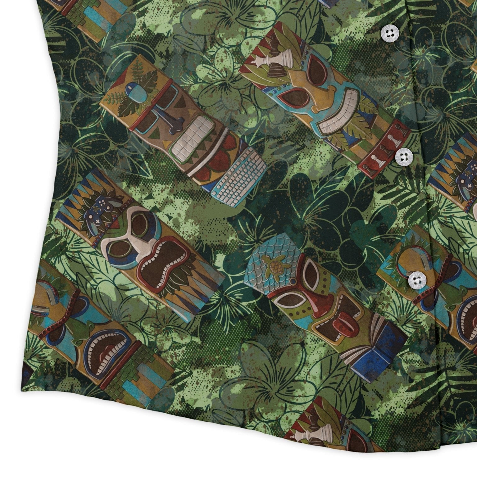 Geek Tiki Masks Light Green Curvy Button Up Shirt Geek Nerd board game print computer print Designs by Nathan