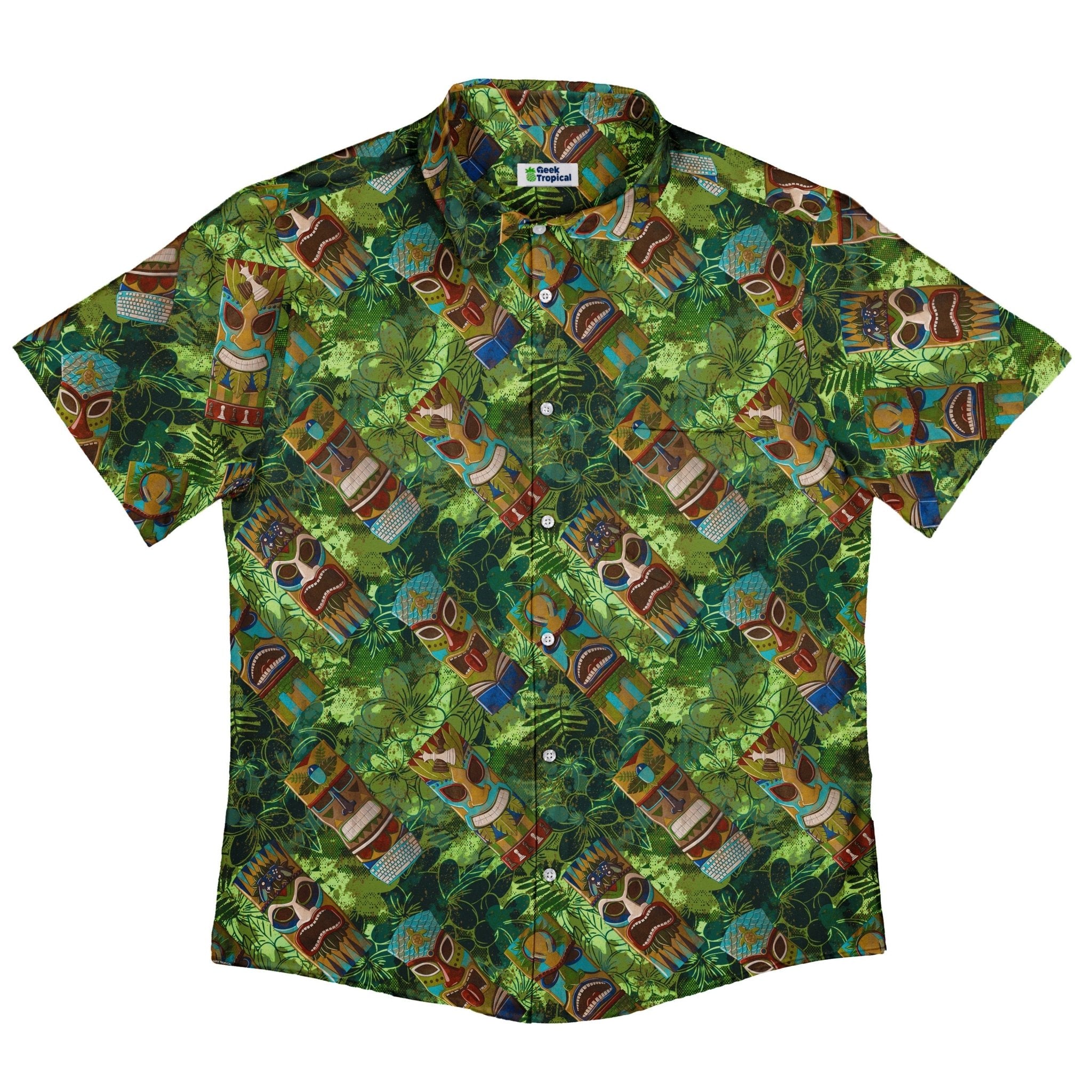 Geek Tiki Masks Light Green Button Up Shirt - adult sizing - board game print - computer print