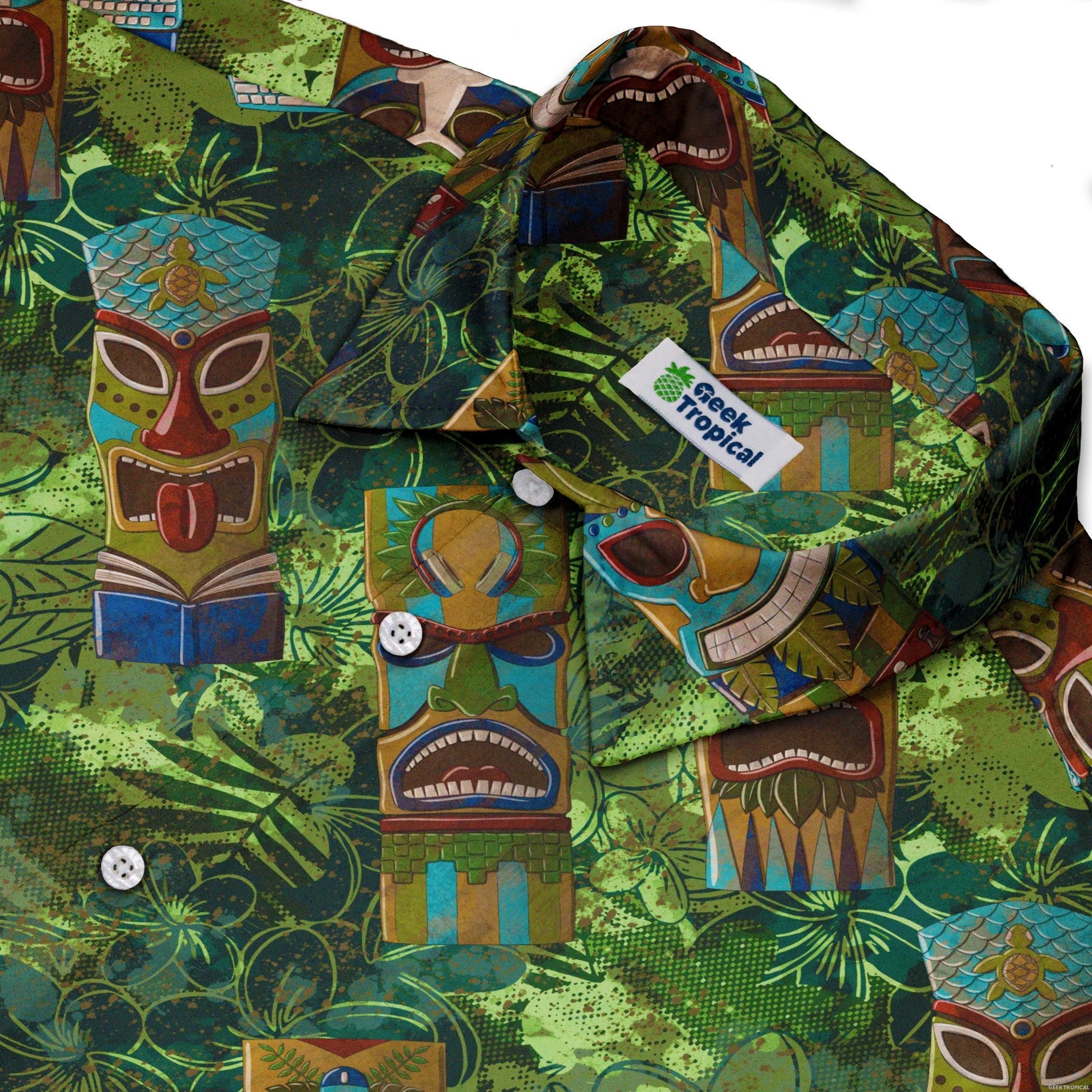 Geek Tiki Masks Light Green Button Up Shirt - adult sizing - board game print - computer print