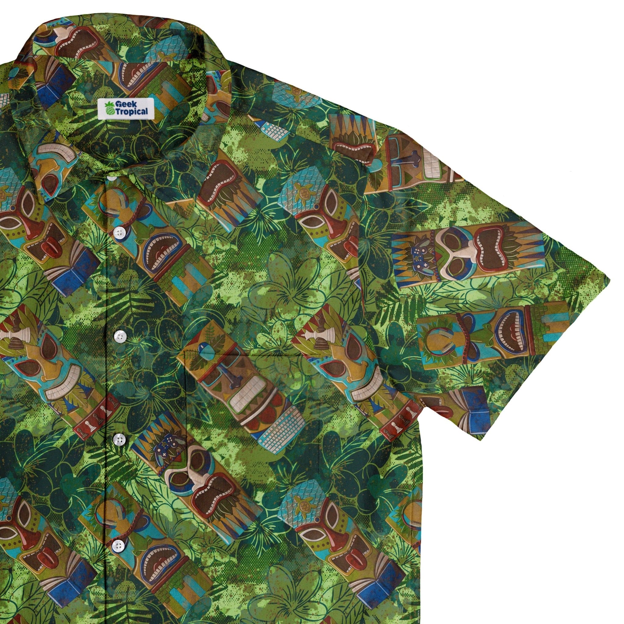 Geek Tiki Masks Light Green Button Up Shirt - adult sizing - board game print - computer print