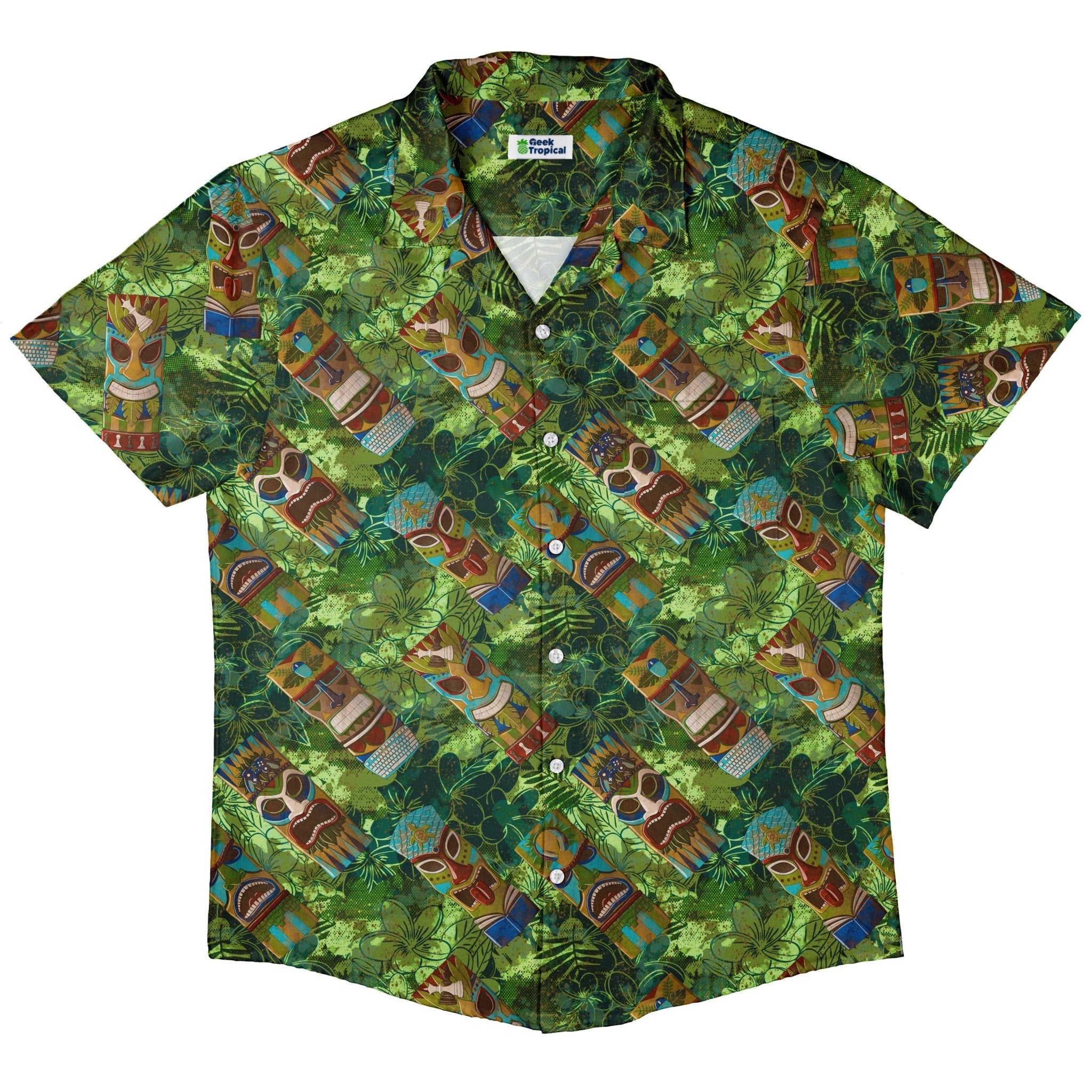 Geek Tiki Masks Light Green Button Up Shirt - adult sizing - board game print - computer print