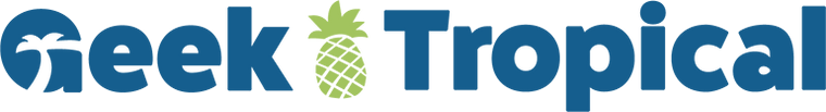 The Geek Tropical Logo with the signature green pineapple in the center of blue Geek Tropical text.