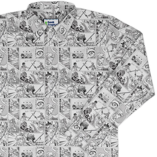 Geek Tropical Manga Long Sleeve Button Up Shirt Geek Nerd adult sizing Anime Design by Claire Murphy