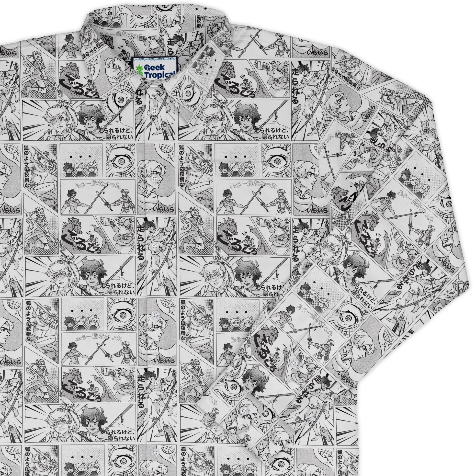 Geek Tropical Manga Long Sleeve Button Up Shirt Geek Nerd adult sizing Anime Design by Claire Murphy