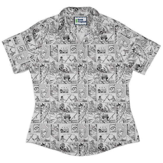 Geek Tropical Manga Curvy Button Up Shirt Geek Nerd Anime Design by Claire Murphy new