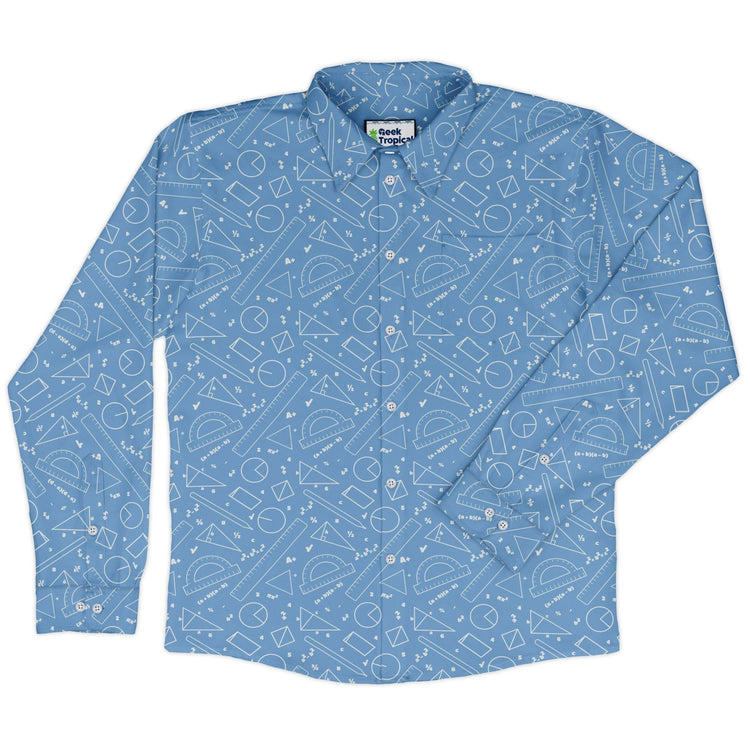 Geometry Blue Math Long Sleeve Button Up Shirt Geek Nerd adult sizing FLOW DESC WRITING mathematics print