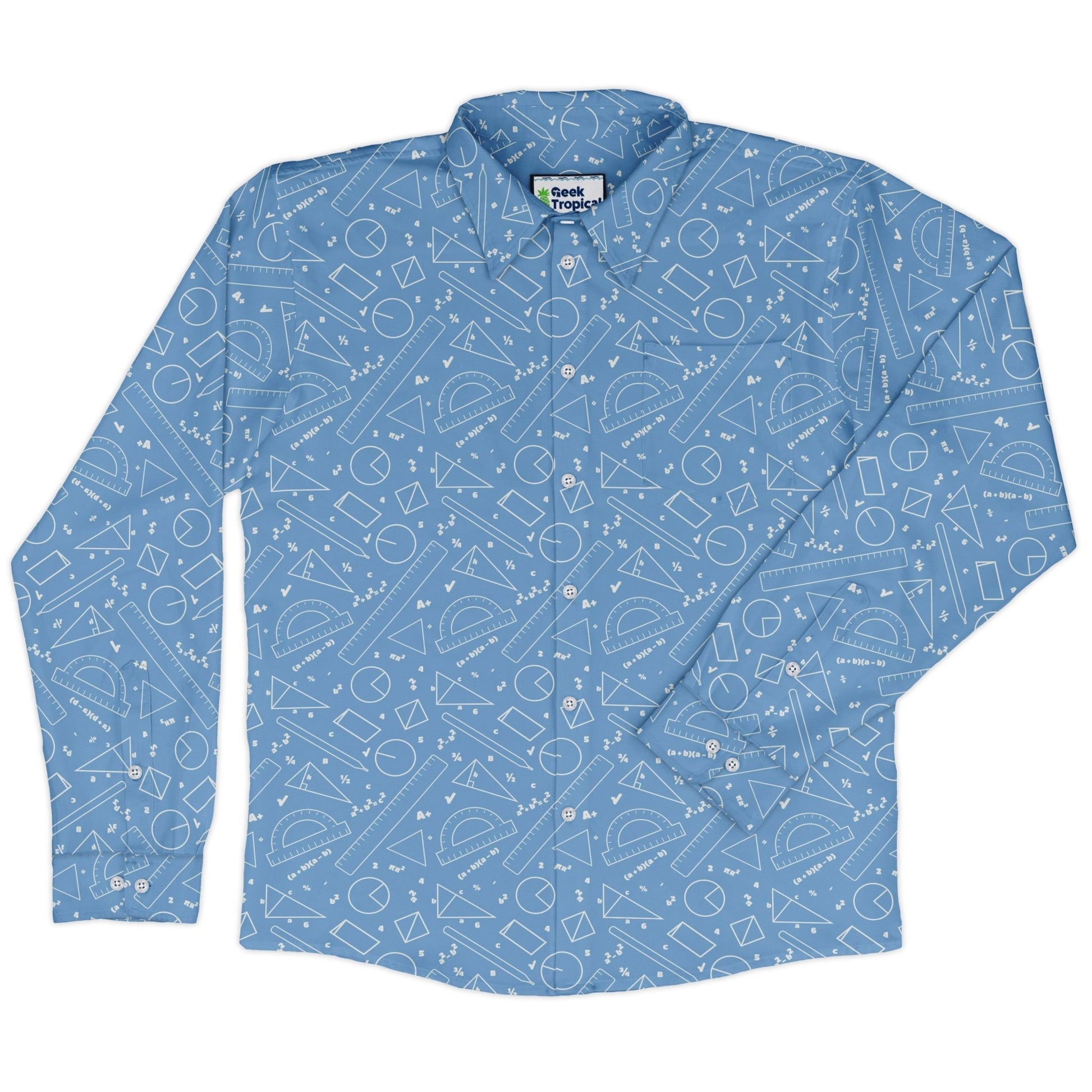 Geometry Blue Math Long Sleeve Button Up Shirt Geek Nerd adult sizing FLOW DESC WRITING mathematics print