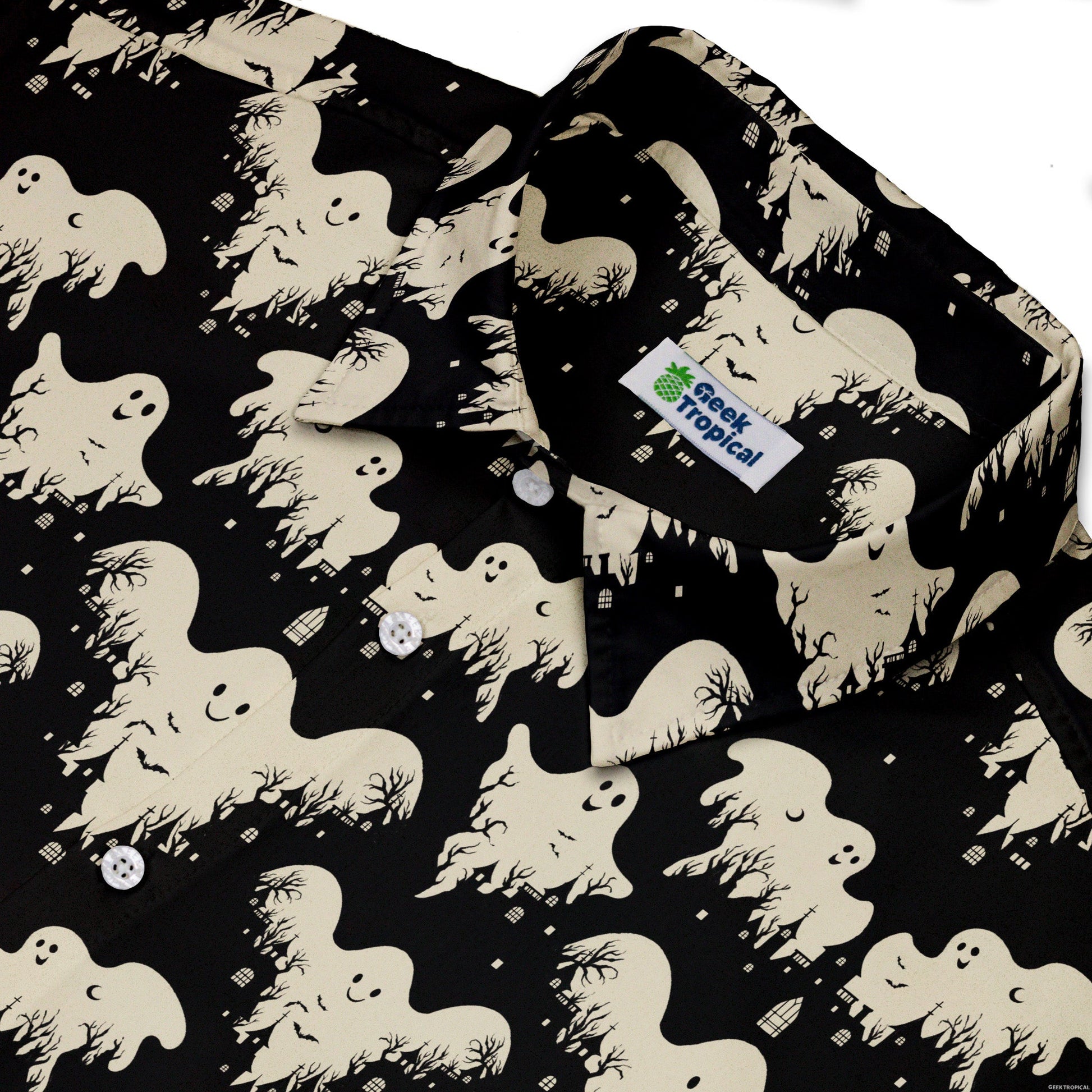 Ghost Castle Button Up Shirt Geek Nerd adult sizing halloween q4