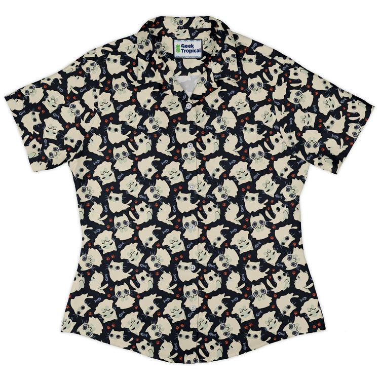Ghost Cats Curvy Button Up Shirt Geek Nerd 0925 All Adult Button Up Shirts Animal Patterns