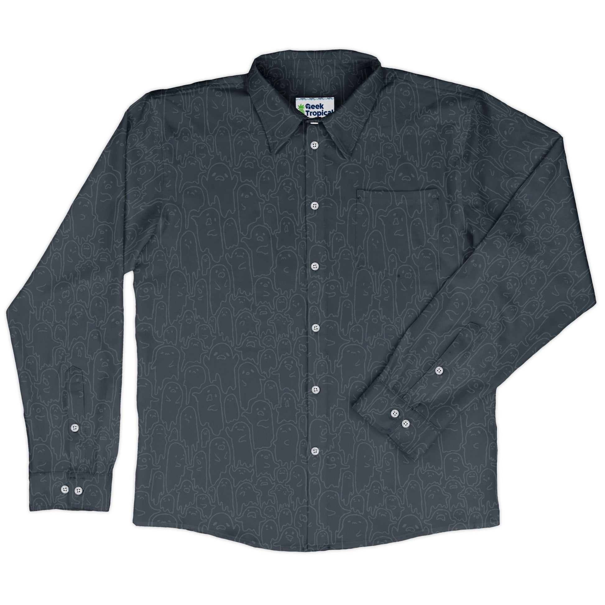 Ghost Wall Charcoal Blue Long Sleeve Button Up Shirt Geek Nerd 0925 adult sizing All Adult Button Up Shirts