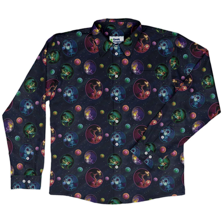 Glimpses in Dragon Time Long Sleeve Button Up Shirt Geek Nerd adult sizing Animal Patterns Designed by Rose Khan