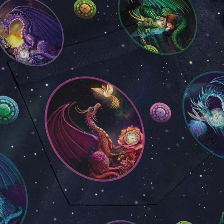 Glimpses in Dragon Time Long Sleeve Button Up Shirt Geek Nerd adult sizing Animal Patterns Designed by Rose Khan