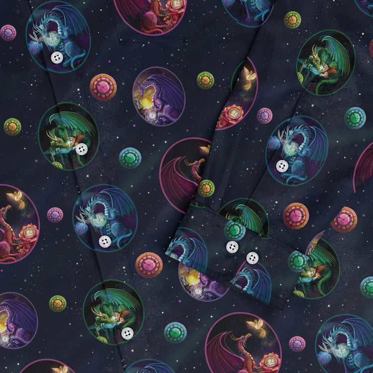 Glimpses in Dragon Time Long Sleeve Button Up Shirt Geek Nerd adult sizing Animal Patterns Designed by Rose Khan