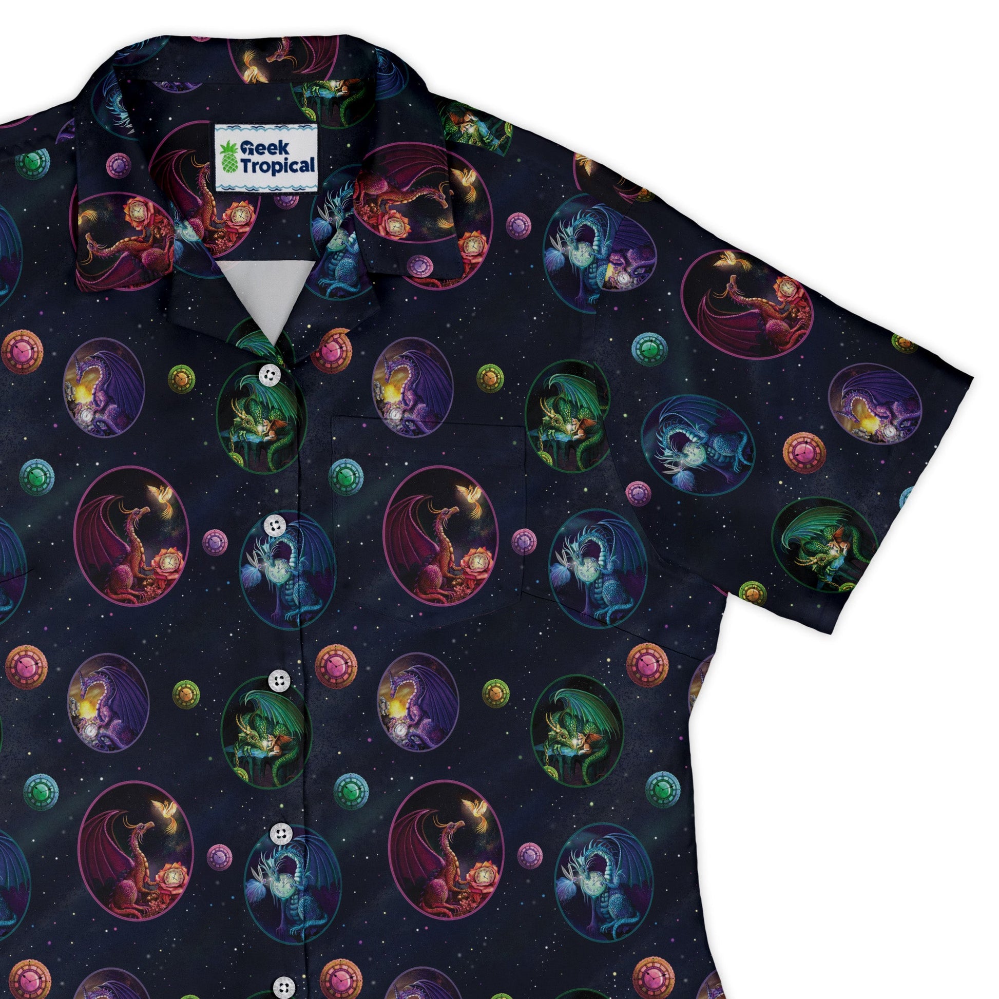 Glimpses in Dragon Time Curvy Button Up Shirt Geek Nerd Animal Patterns Designed by Rose Khan Fantasy Prints