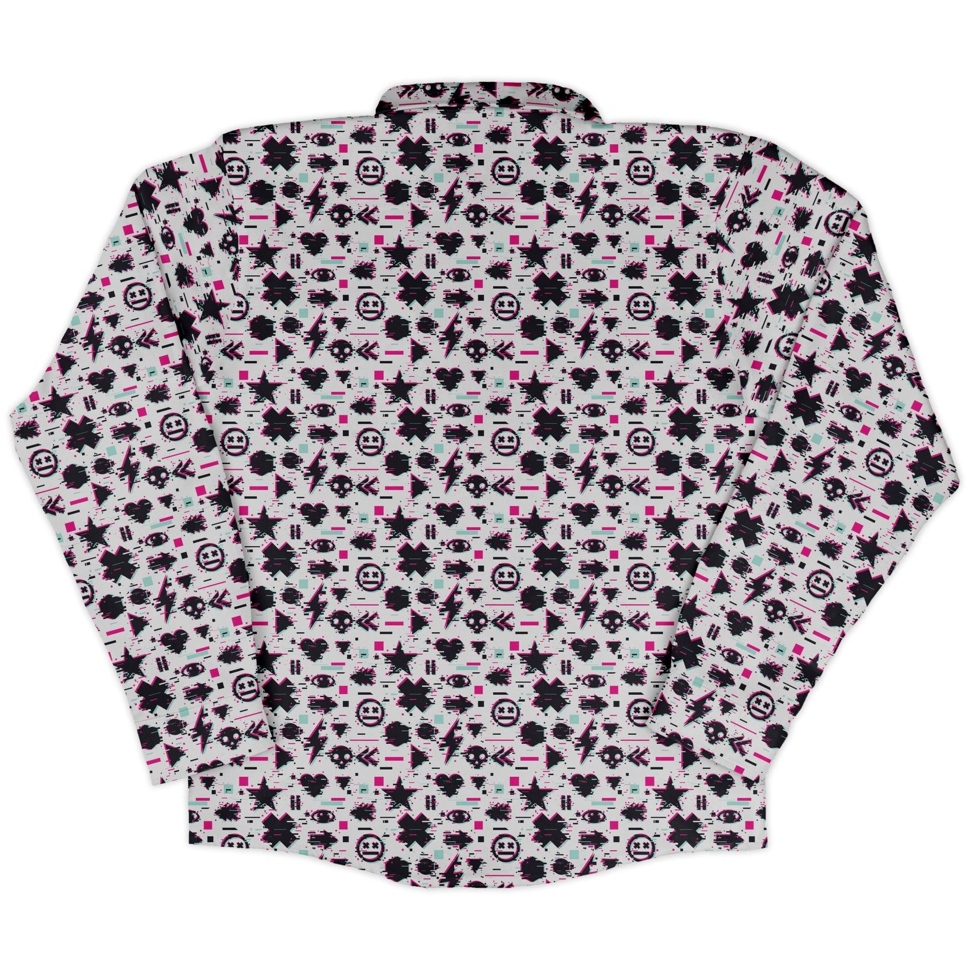 Glitchy Game Effects Video Game Long Sleeve Button Up Shirt Geek Nerd adult sizing FLOW DESC WRITING video game arcade print