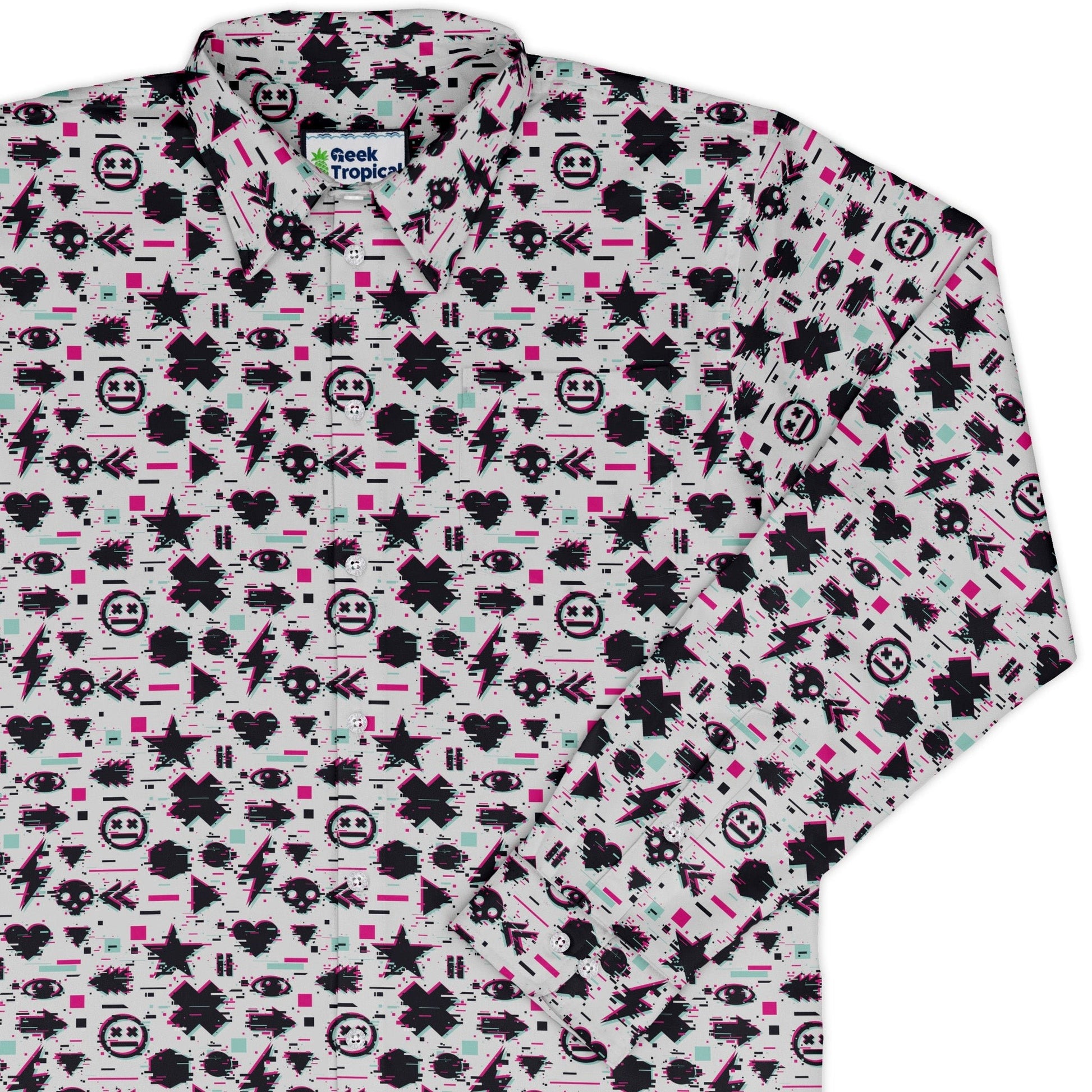 Glitchy Game Effects Video Game Long Sleeve Button Up Shirt Geek Nerd adult sizing FLOW DESC WRITING video game arcade print