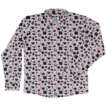 Glitchy Game Effects Video Game Long Sleeve Button Up Shirt Geek Nerd adult sizing FLOW DESC WRITING video game arcade print
