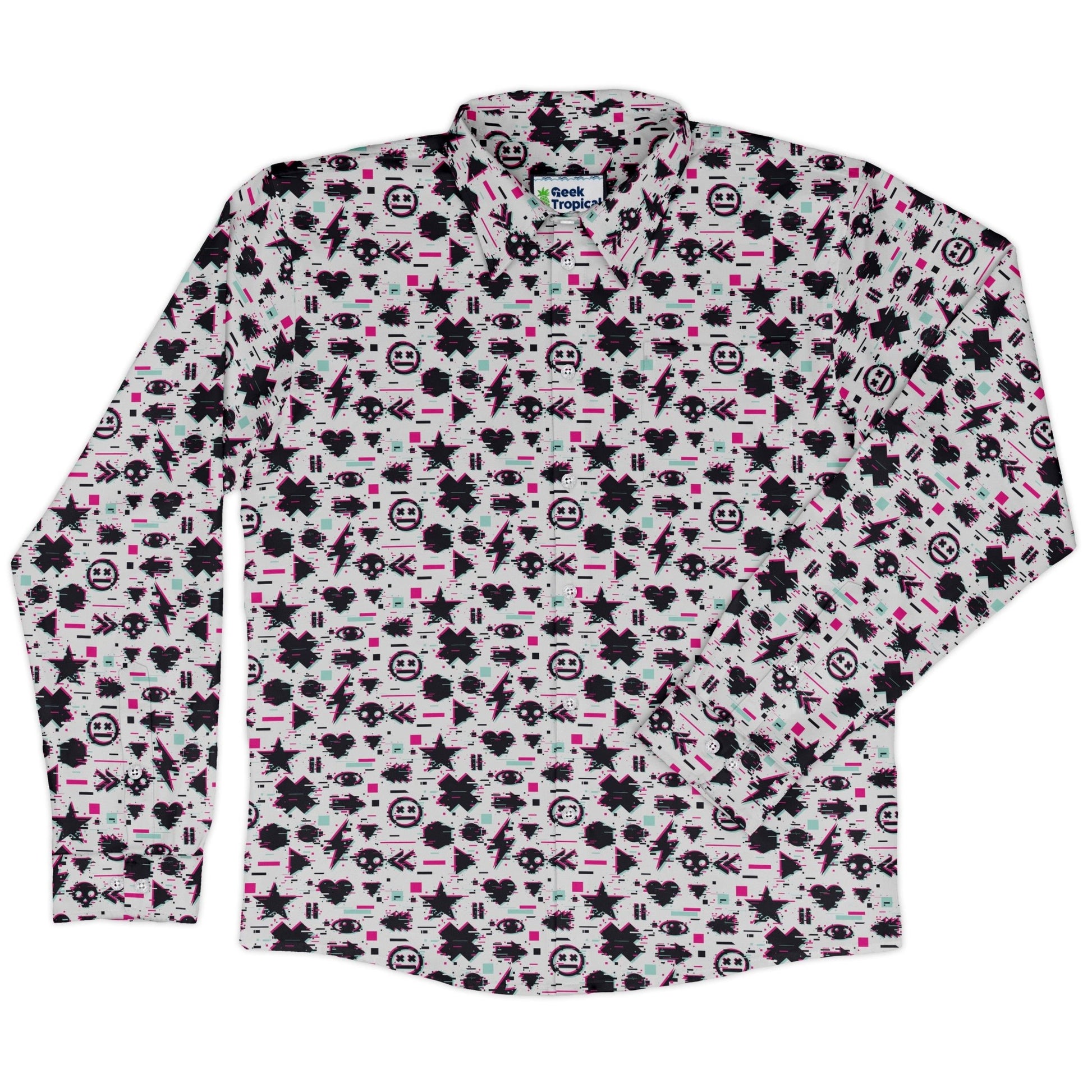 Glitchy Game Effects Video Game Long Sleeve Button Up Shirt Geek Nerd adult sizing FLOW DESC WRITING video game arcade print