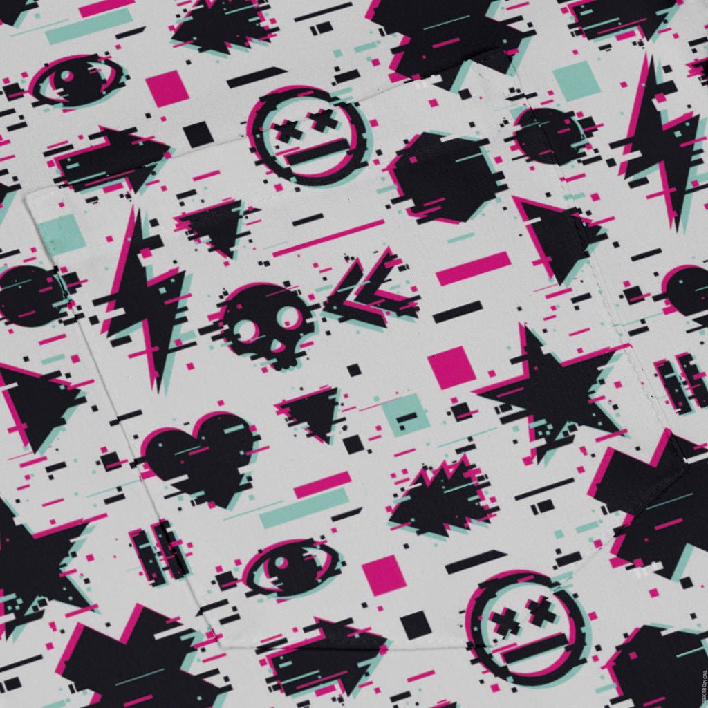 Glitchy Game Effects Video Game Long Sleeve Button Up Shirt Geek Nerd adult sizing FLOW DESC WRITING video game arcade print