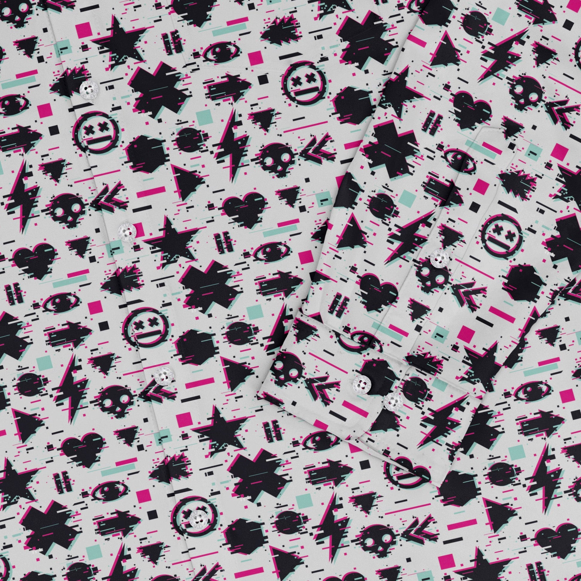 Glitchy Game Effects Video Game Long Sleeve Button Up Shirt Geek Nerd adult sizing FLOW DESC WRITING video game arcade print