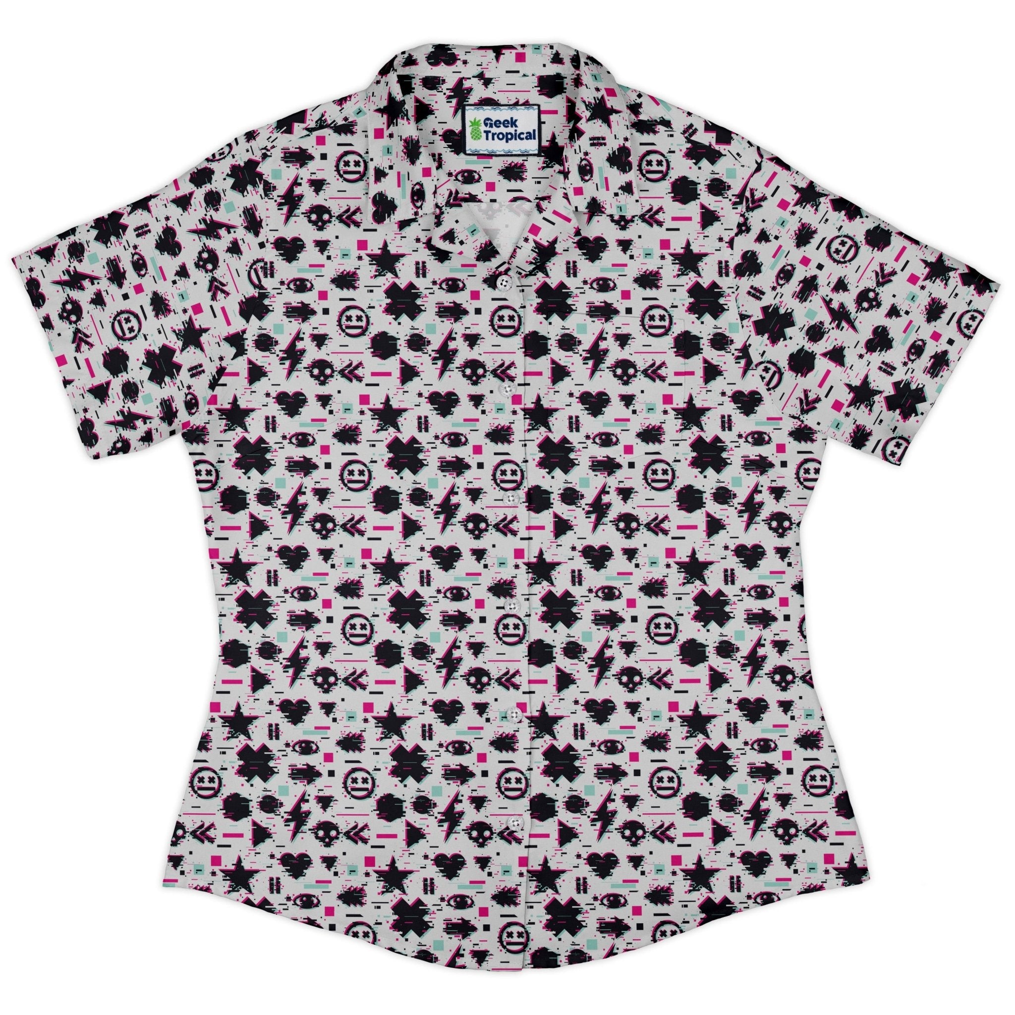 Glitchy Game Effects Video Game Curvy Button Up Shirt Geek Nerd video game arcade print women
