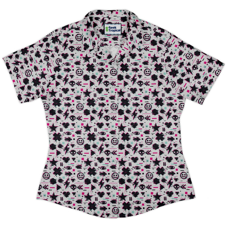 Glitchy Game Effects Video Game Curvy Button Up Shirt Geek Nerd video game arcade print women