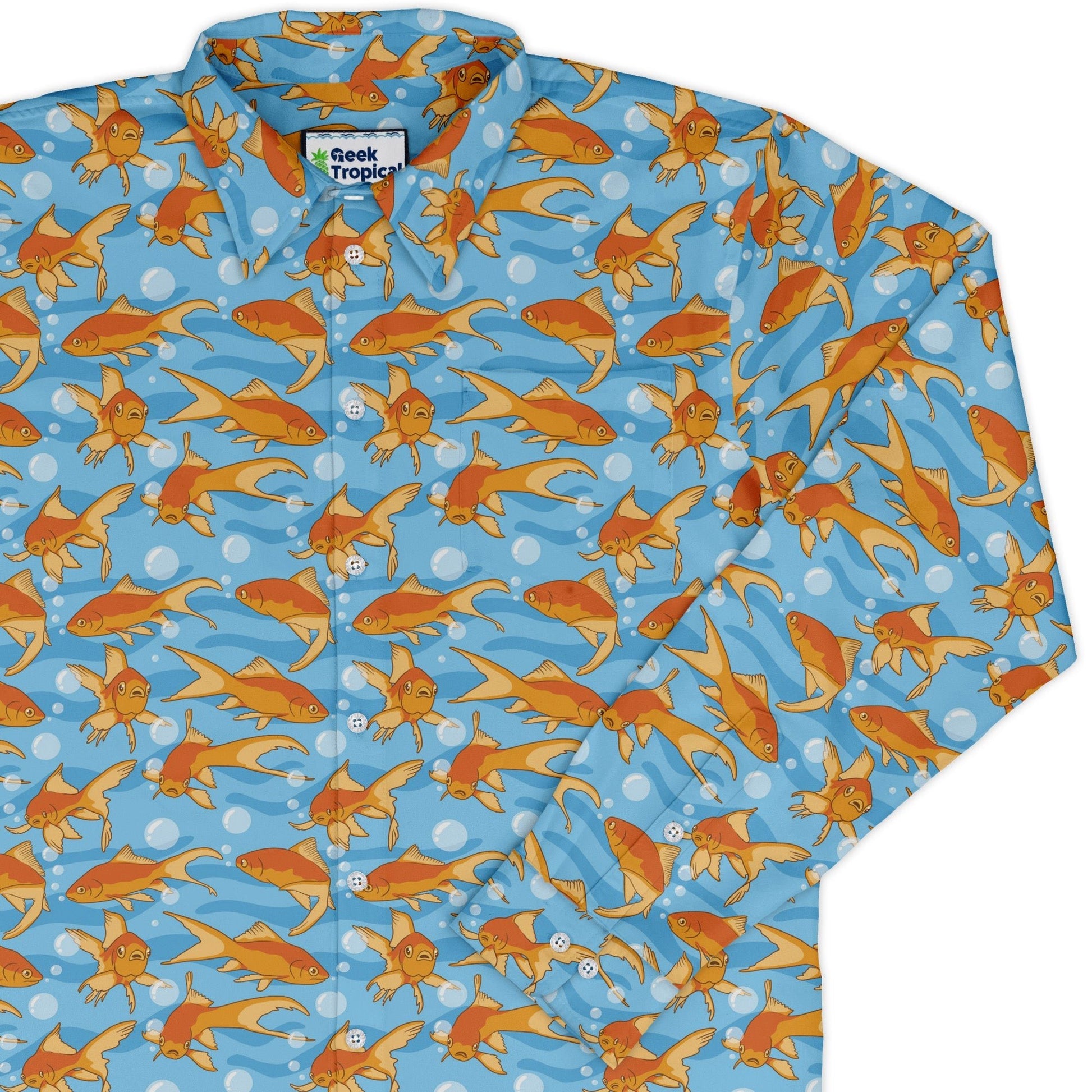 Goldfish Long Sleeve Button Up Shirt Geek Nerd adult sizing Design by Julie Kitzes FLOW DESC WRITING