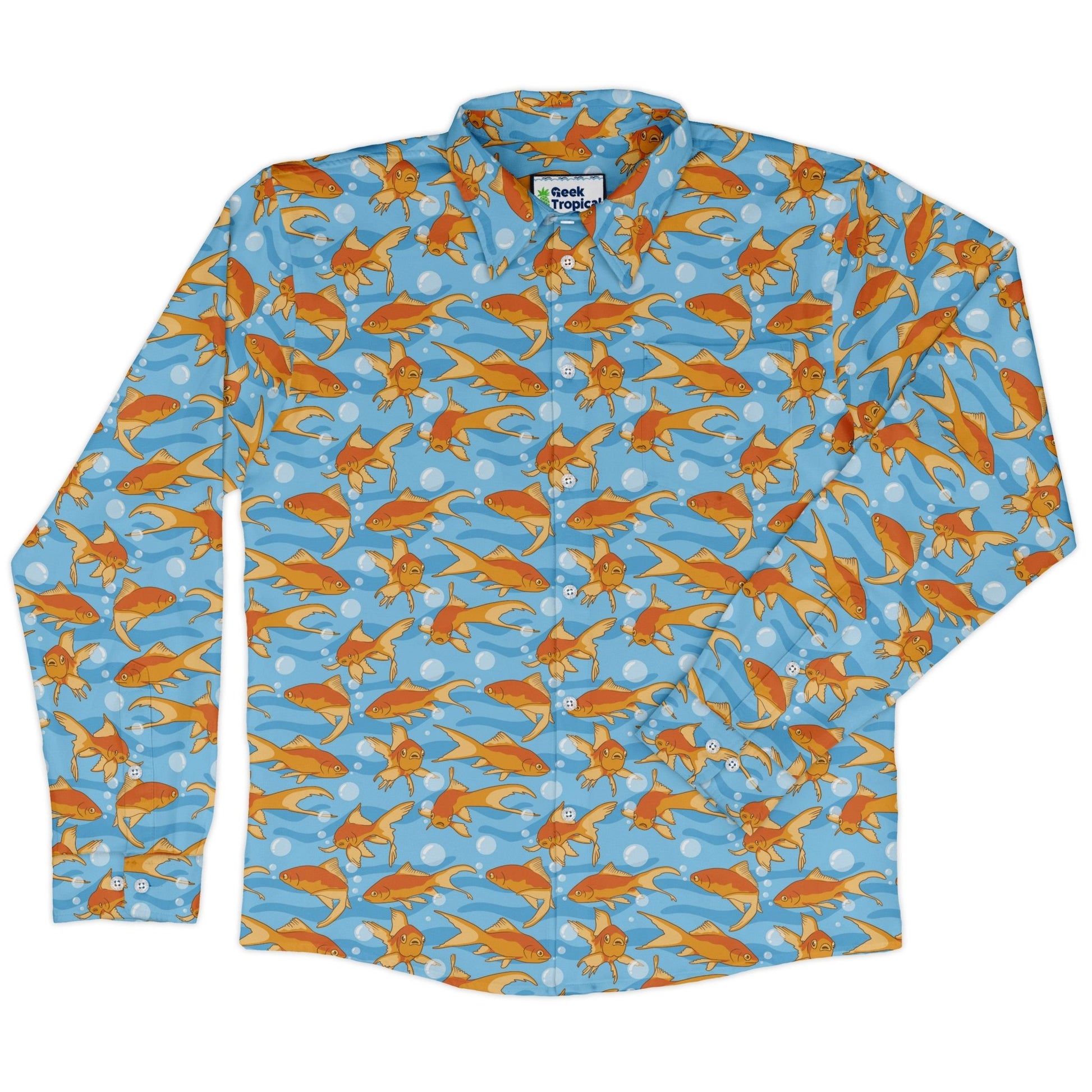 Goldfish Long Sleeve Button Up Shirt Geek Nerd adult sizing Design by Julie Kitzes FLOW DESC WRITING