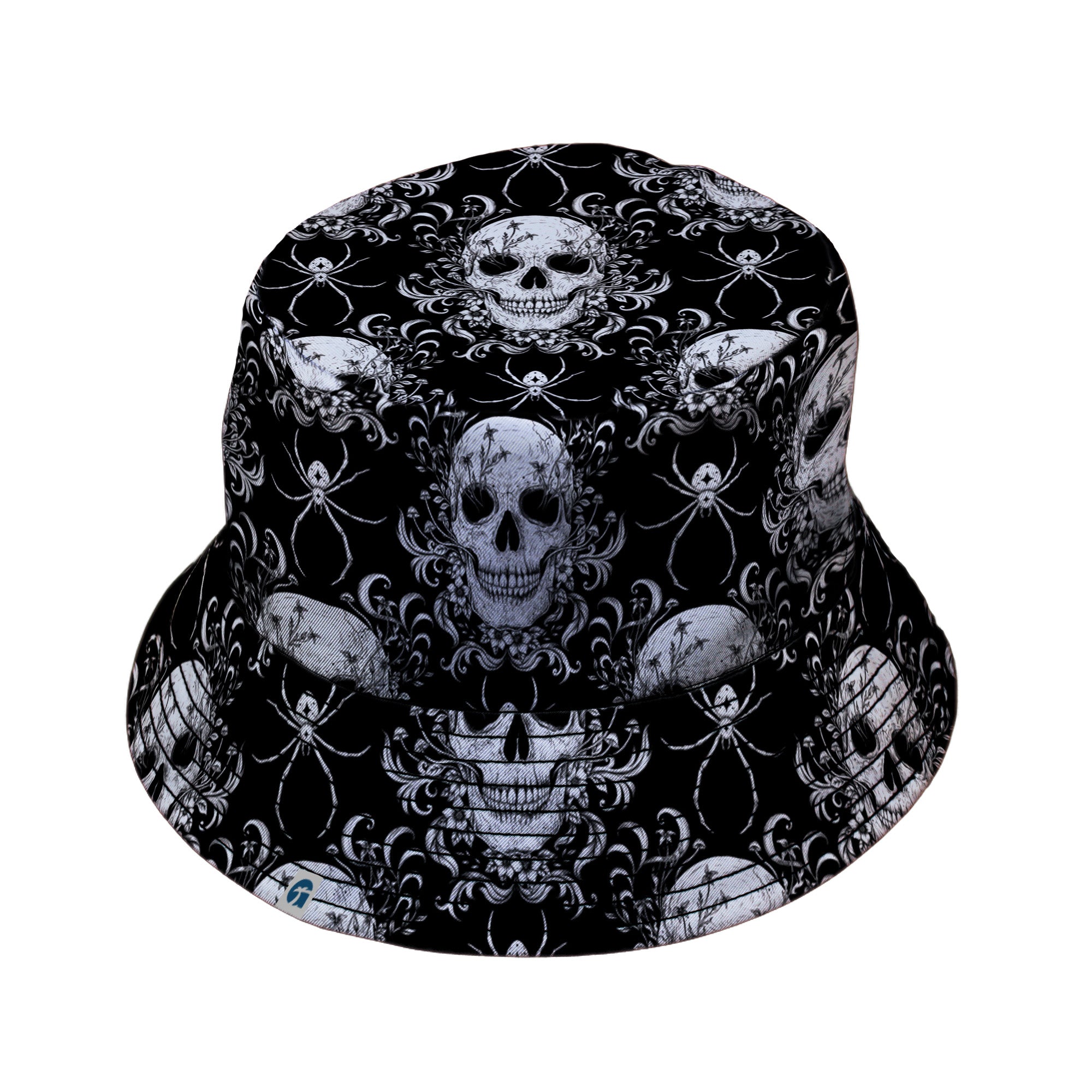 Gothic Spider Skull Bucket Hat Black Stitching