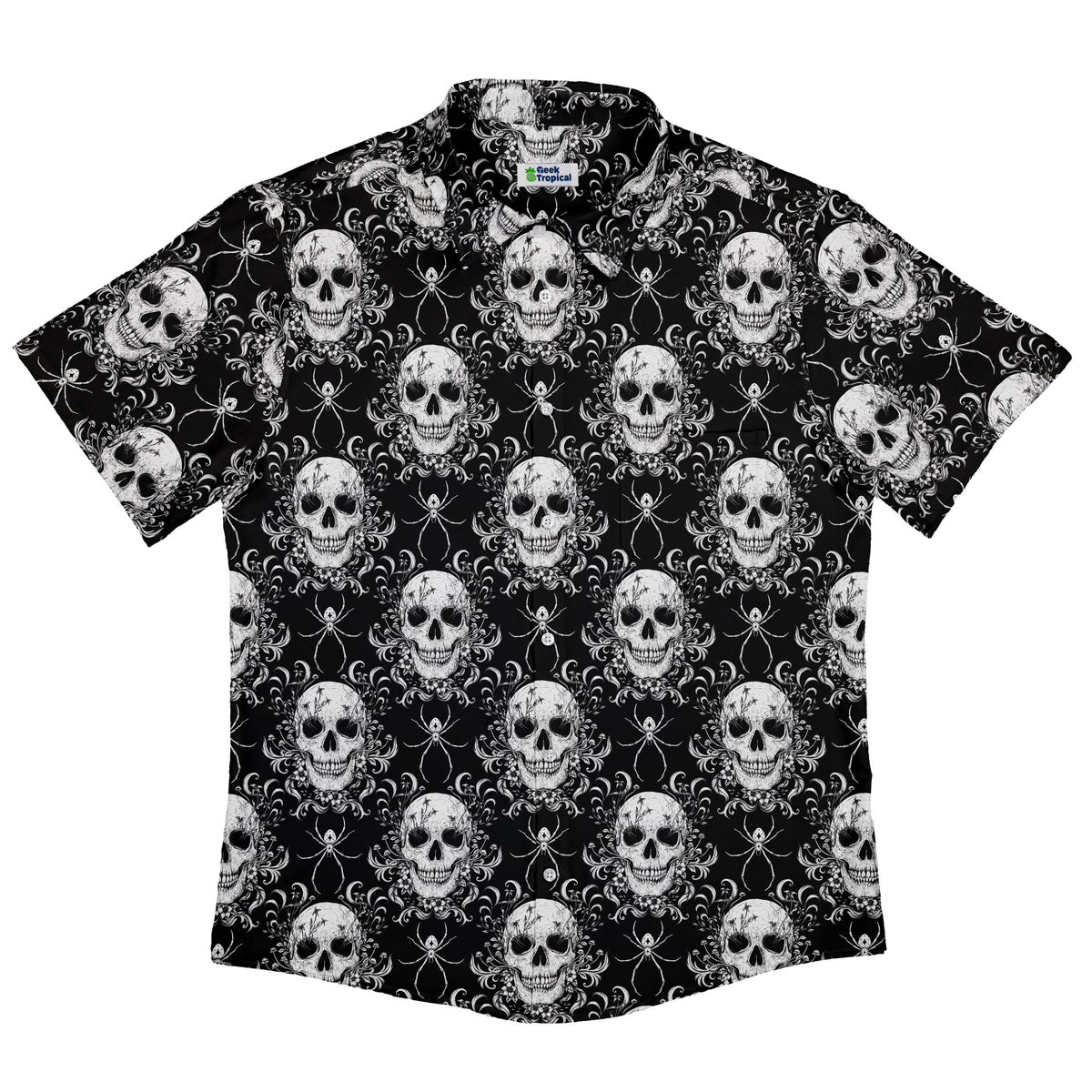 Gothic Spider Skull Button Up Shirt Flat Front