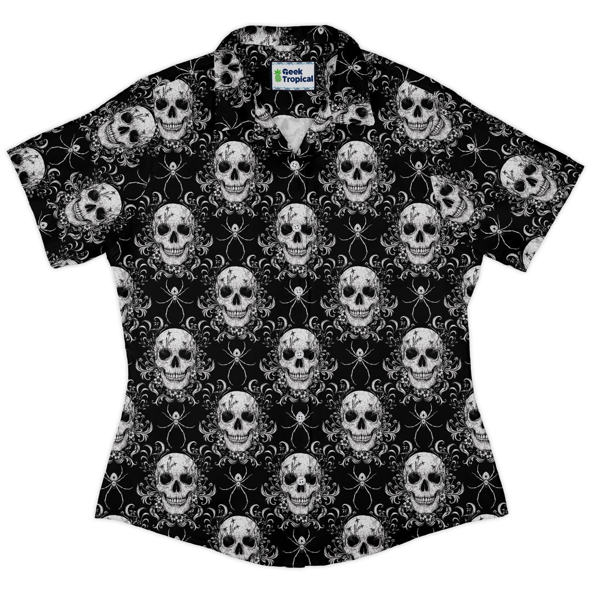Gothic Spider Skull Curvy Button Up Shirt womens front