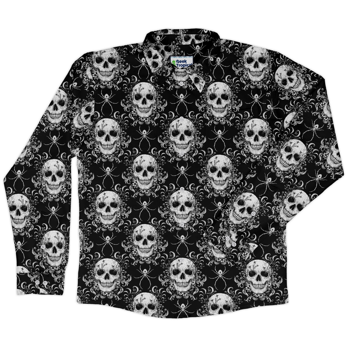 Gothic Spider Skull Long Sleeve Button Up Shirt front