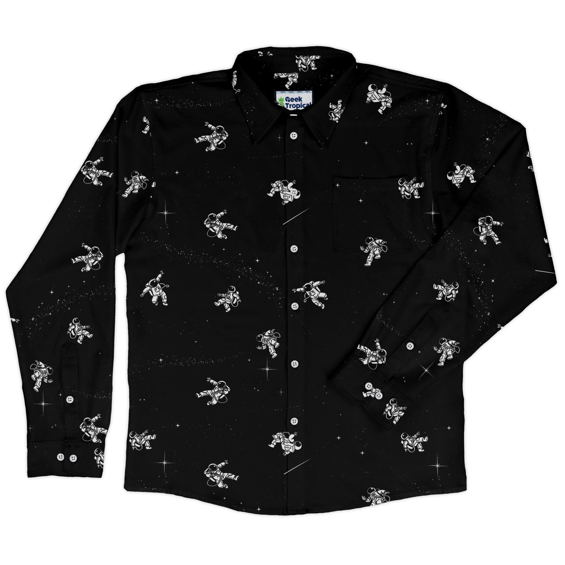 Gravity Reloaded Space Long Sleeve Button Up Shirt Geek Nerd adult sizing Design by Tobe Fonseca FLOW DESC WRITING