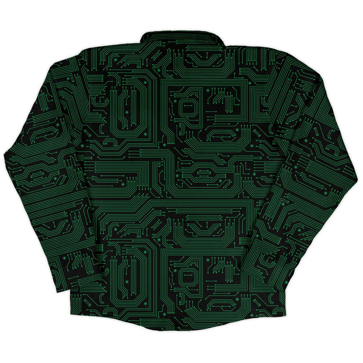 Green Computer Circuits Long Sleeve Button Up Shirt Geek Nerd adult sizing computer print FLOW DESC WRITING