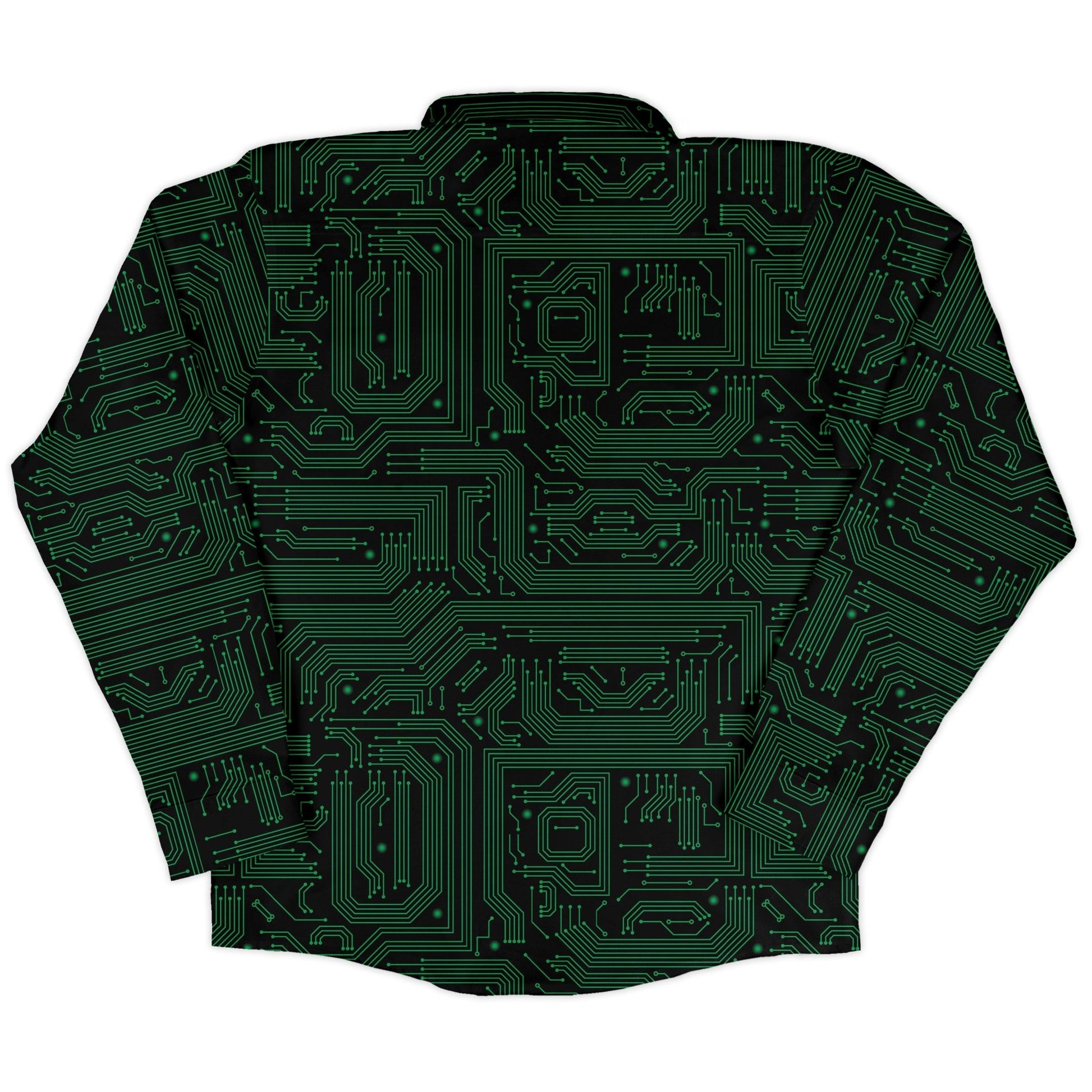 Green Computer Circuits Long Sleeve Button Up Shirt Geek Nerd adult sizing computer print FLOW DESC WRITING
