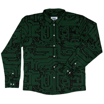 Green Computer Circuits Long Sleeve Button Up Shirt Geek Nerd adult sizing computer print FLOW DESC WRITING